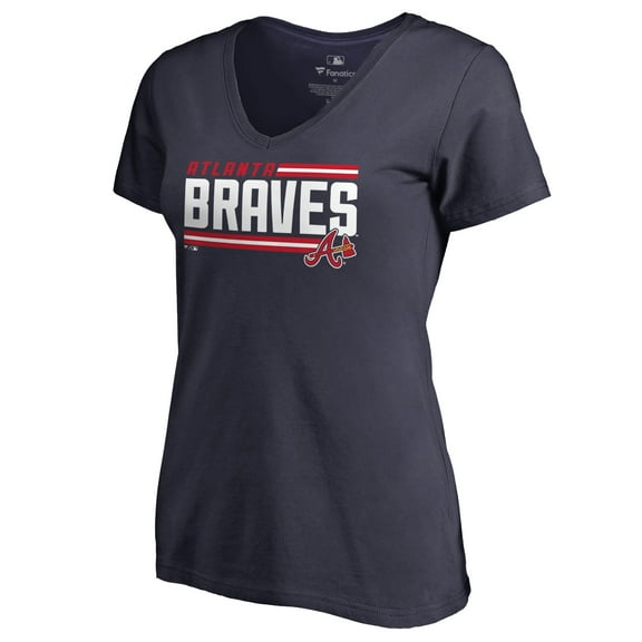 Women's Navy Atlanta Braves Onside Stripe V-Neck T-Shirt