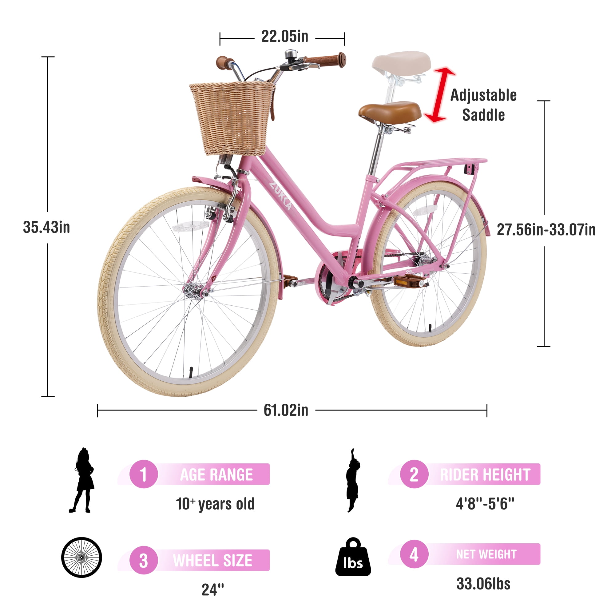 Aukfa 24" Girls Bike with Basket, Cruiser Bike Children's Bicycle for 10+ Years Old Kids, Light Pink