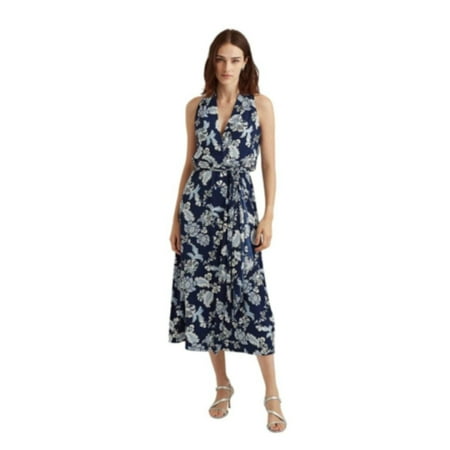 RALPH LAUREN Womens Blue Floral Sleeveless Surplice Neckline Midi Sheath Dress 14