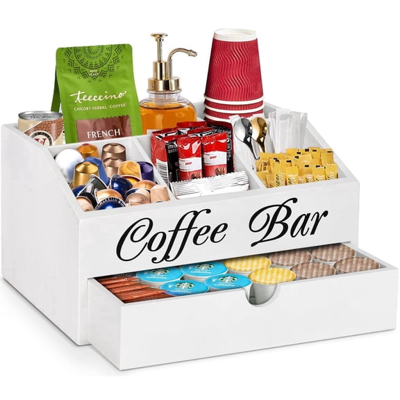Eastsign 2-Tier Coffee Bar Organizer with Drawer and 5 Compartments, White