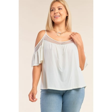 Plus Size Ivory Relaxed Fit Off-the-shoulder Polka Dot Mesh Hem Babydoll Top