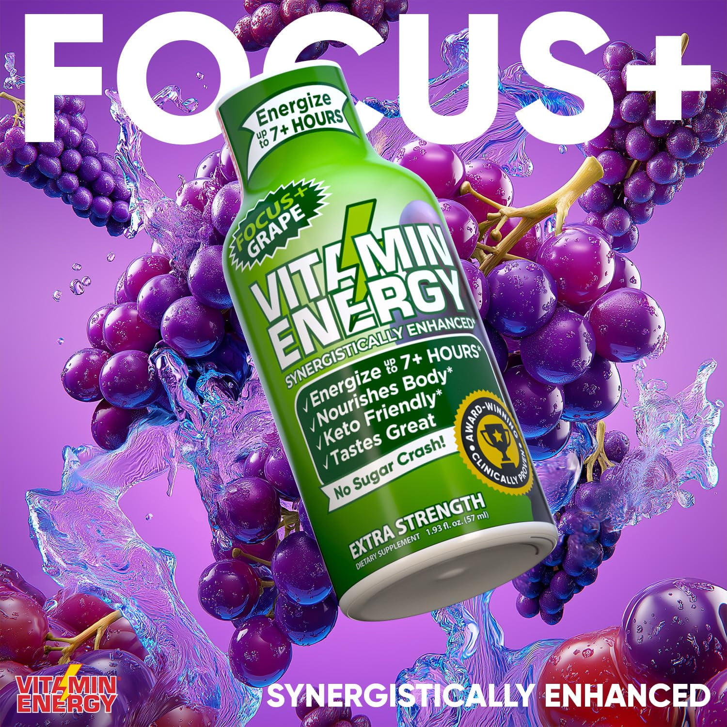Vitamin Energy Focus+ Extra Strength Shot, Grape, 48 Pack – 260mg Natural Caffeine, CoQ10 & B-Vitamins, Zero Sugar, 1.93 fl oz