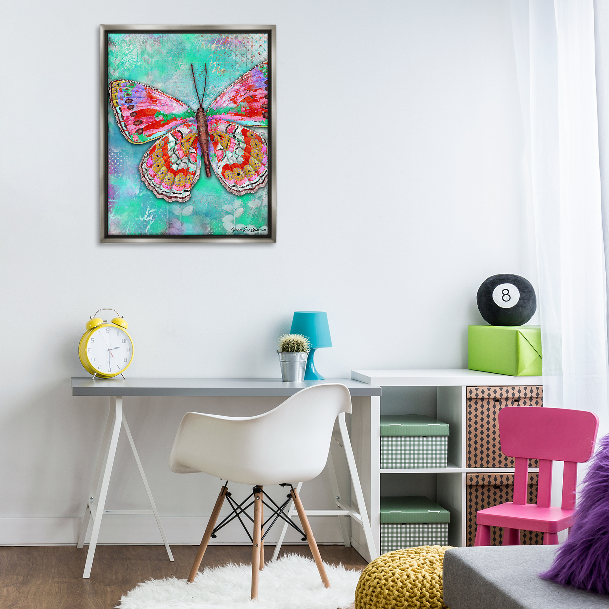 Stupell Industries Cherry Mint Butterfly Animals Painting Gray Floater Framed Canvas Art Print Wall Art, 25 x 31