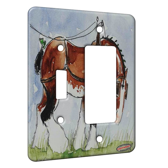 KuzmarK™ 2 Gang Single Toggle / Single Duplex Rocker Wall Plate - Clydesdale at Work Draft Horse Art by Denise Every