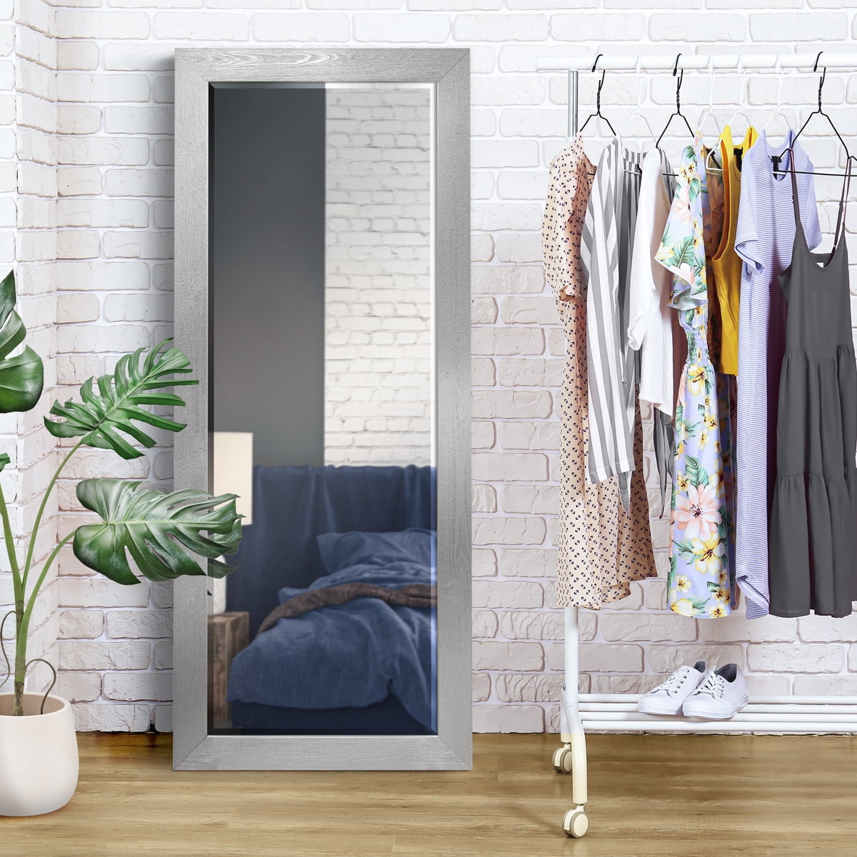 25 in. W x 61 in. H Framed Rectangle Beveled Edge Wood Full Length Mirror in Silver White