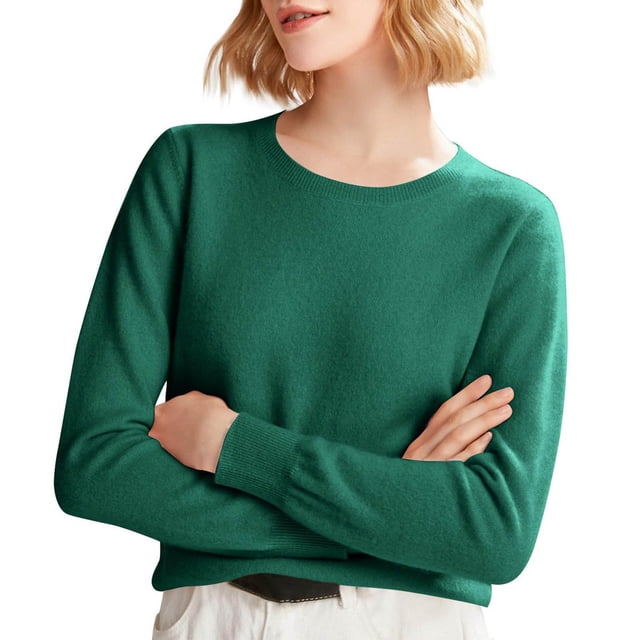 Chandails Confortables pour Femmes! Fadeal Chandail Tricoté Uni Printemps et Automne Hiver avec Col Rond et Style à Manches Longues, Vert 2TG