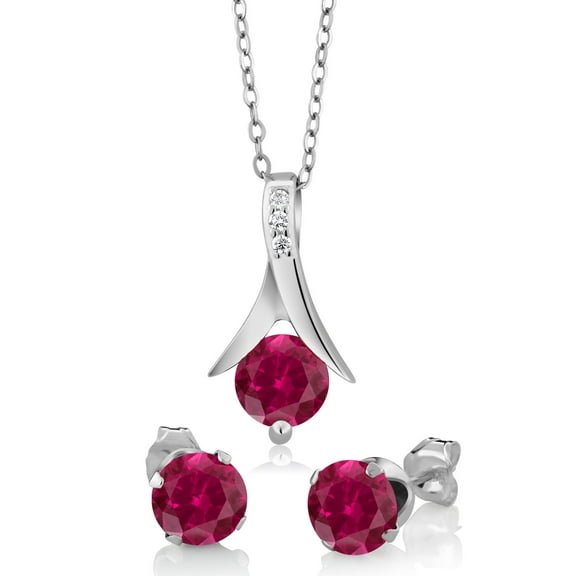 Gem Stone King 925 Sterling Silver Created Ruby Pendant and Earrings Jewelry Set for Women (2.40 Cttw, Round Cut With 18 inch Silver Chain)