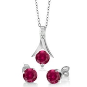 Gem Stone King 925 Sterling Silver Created Ruby Pendant and Earrings Jewelry Set For Women (2.40 Cttw, Round Cut With 18 inch Silver Chain)