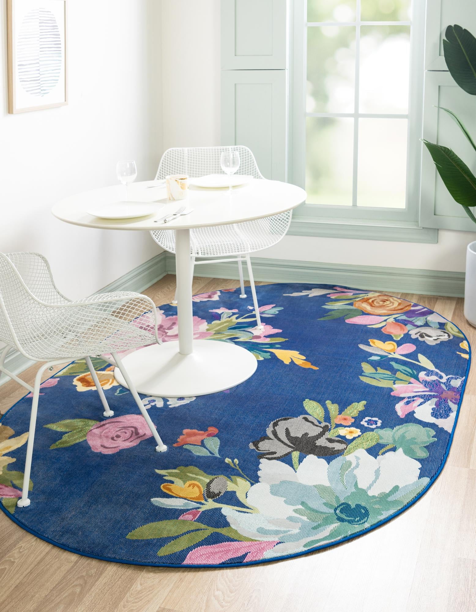 Blossom Collection Rug 5' x 8' Oval Blue Medium Rug Perfect For Living Rooms, Large