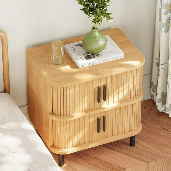 Fluted Nightstand with Sliding Tambour Door, 20" Modern Night Stand Table with 2 Drawers, Light Wood Bedside Table with Metal Legs, Large End Table for Bedroom, Curved Profile, Natural Oak