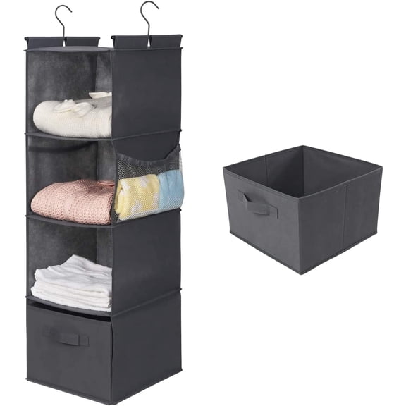 MAX Houser 4-Shelf Hanging Closet Organizer, Space Saver, Cloth Hanging Shelves with 2 Side Pockets, Foldable (Grey)