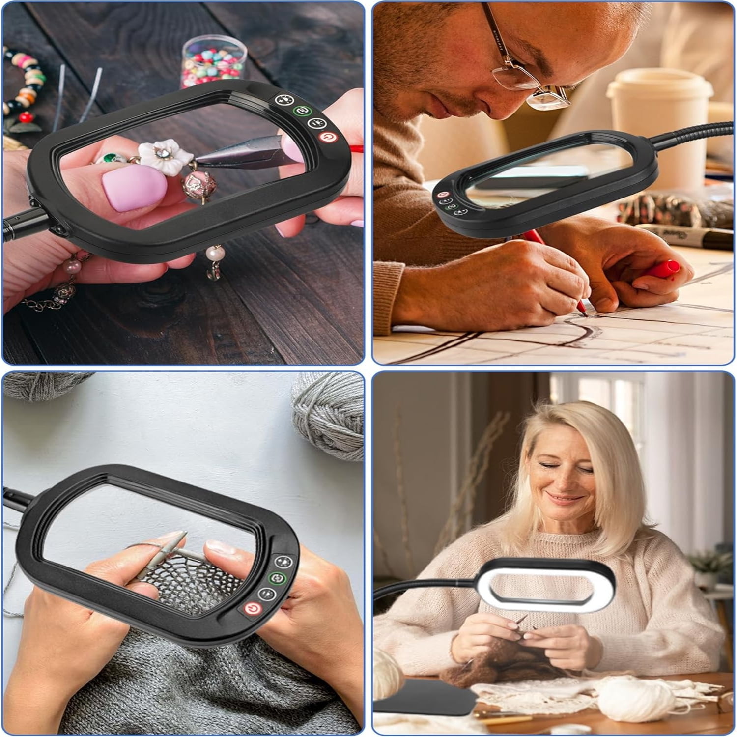 VISONHEART LED Magnifying Desk Lamp with Stand, Rectangular Real Glass Lens, 5 Color Modes Stepless Dimmable, Hands Free LED Task Lamp for Reading, Repair, Close Work & Craft Hobby