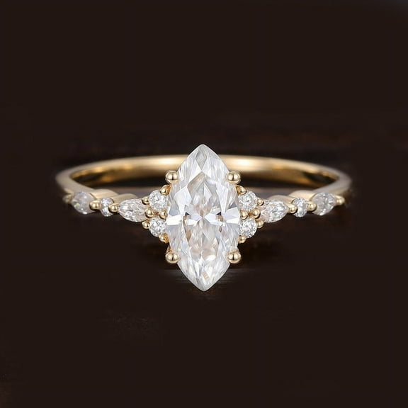 solitaire jewels Art Deco Marquise Moissanite Engagement Ring For Women, 14K Yellow Gold