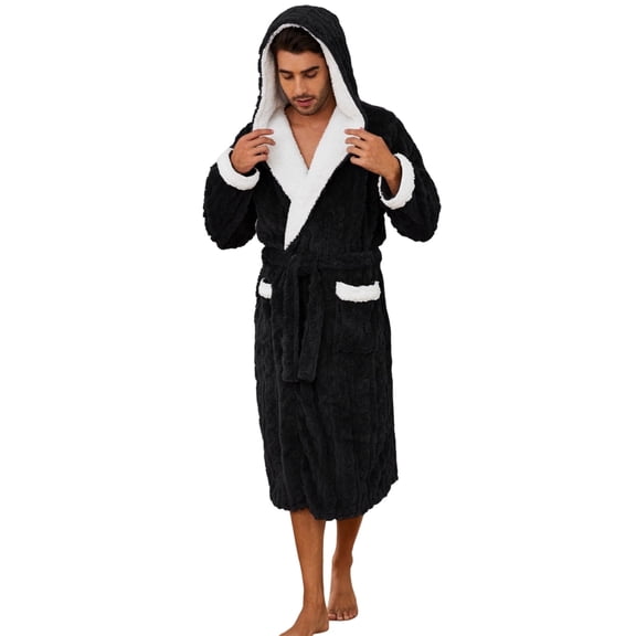 U2SKIIN Mens Robe with Hood,Full Length Plush Robe for Men Contrast Thick Fleece Bathrobe (Black, Large-X-Large)
