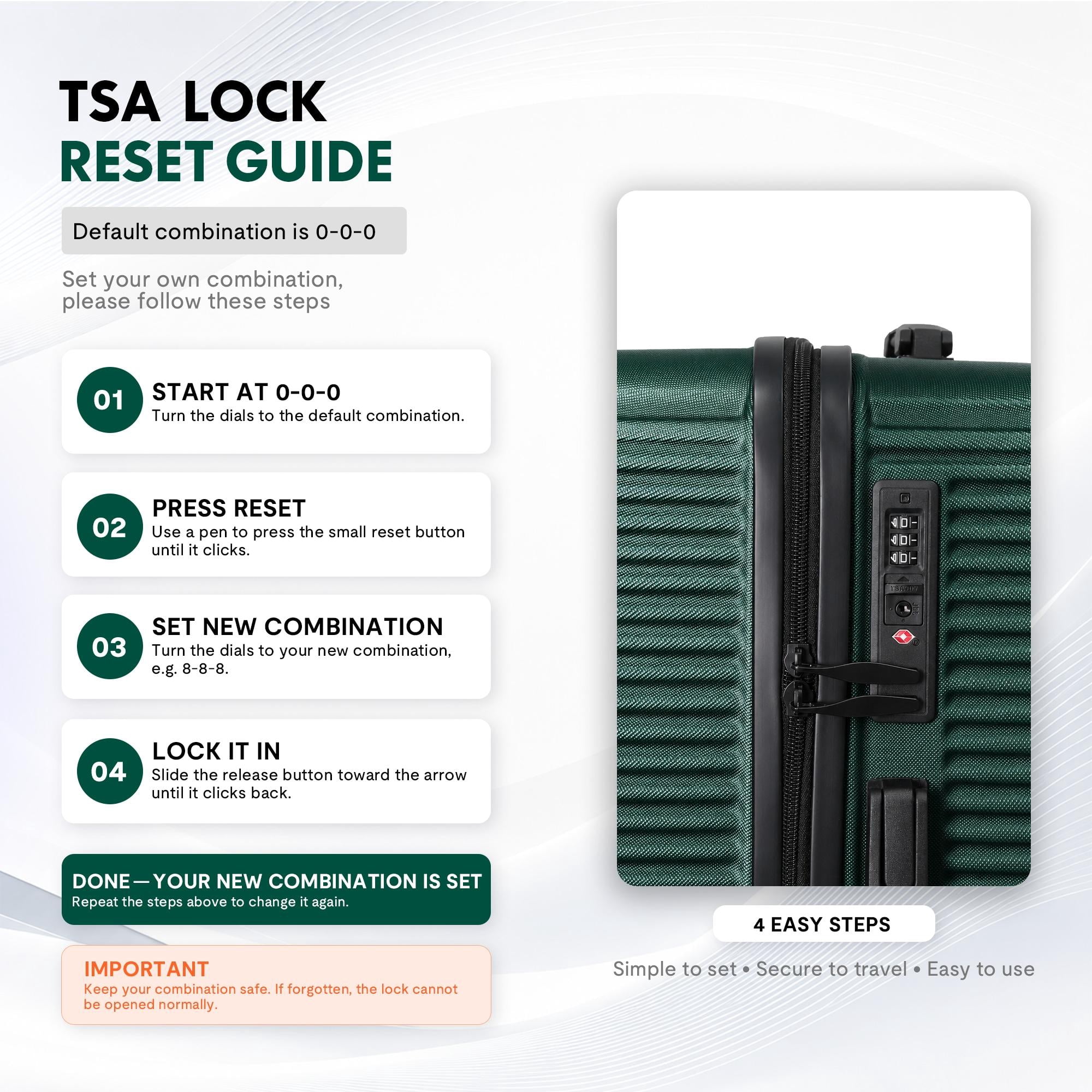 3-Piece ABS Hardshell Luggage Set, Lightweight Scratch-Resistant Suitcases with Silent Spinner Wheels & TSA Lock, Dark Green