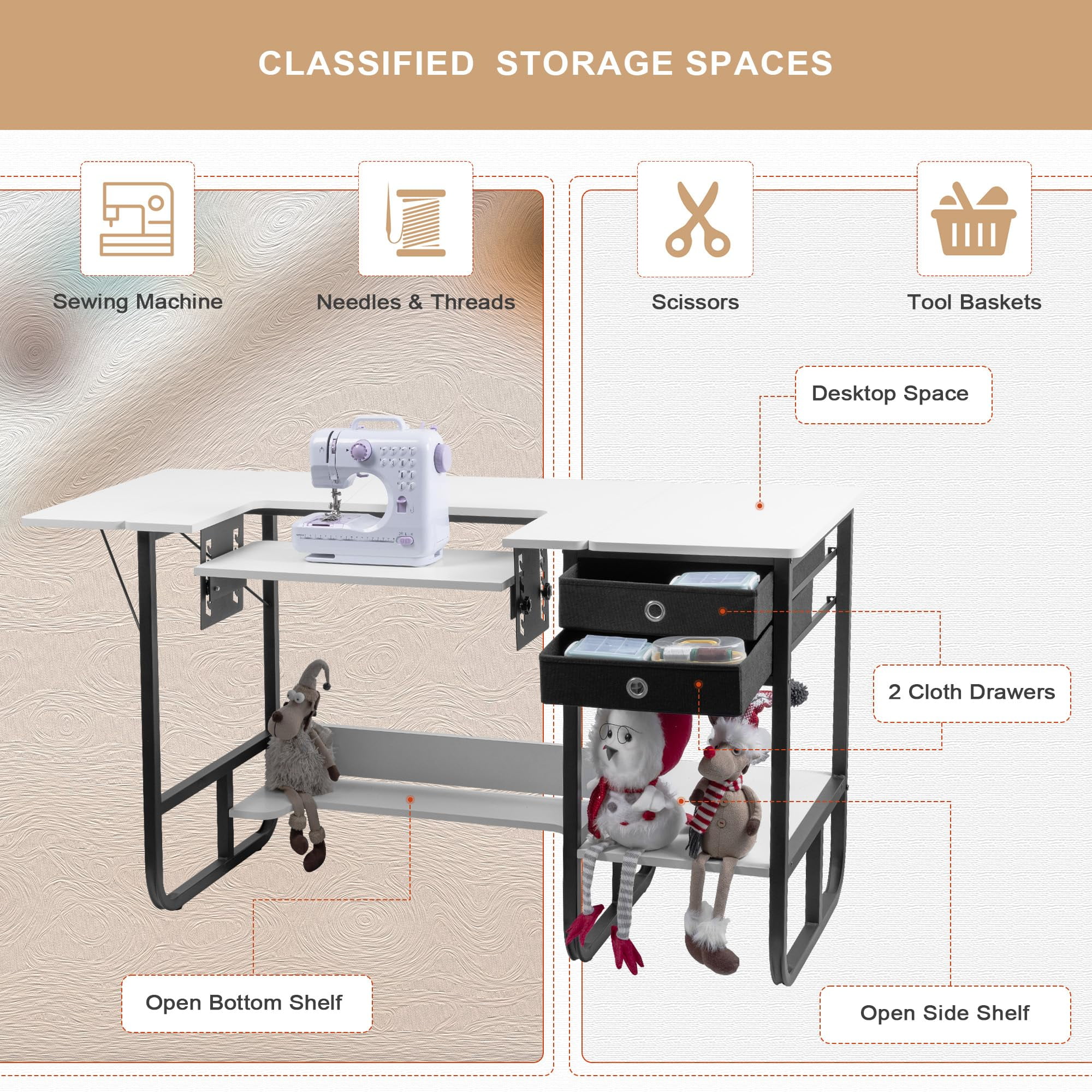 Vividwood Foldable Sewing Machine Table, Multipurpose Sewing Table with Adjustable Platform, Storage Shelf and 2 Cloth Drawers (Warm White)