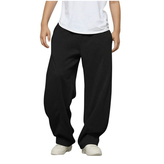 Cethrio Boys Athletic Sweatpants Size 14-16, Open Bottom Casual Relaxed Fit Drawstring Straight Leg Pants Black
