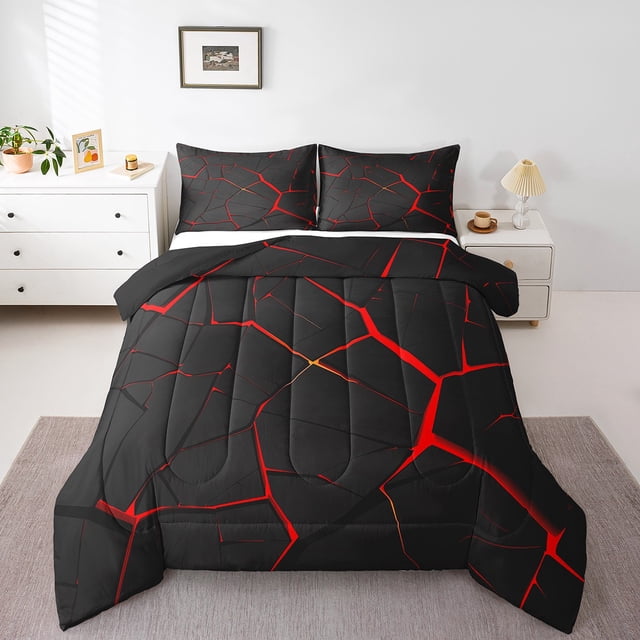 Ensembles de Douillette Géométrie Abstraite 3 Pcs, Literie à Imprimé Nid d'Abeilles Rouge Format Grand Lit pour Garçons Filles Ruche Géométrique Ensembles de Douillette, Insert de Couette Décor Rayures Noires Courtepointe Réversible Douce