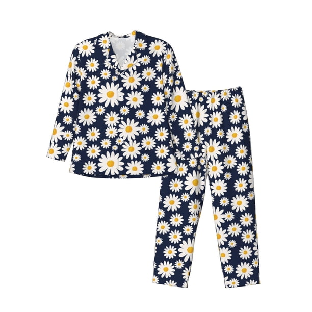 Fotbe Daisy Floral Pijama de Hombre con Estampado de Manga Larga, Conjunto de 2 Piezas, Ropa de Dormir Suave y Cómoda con Bolsillos-X-Large