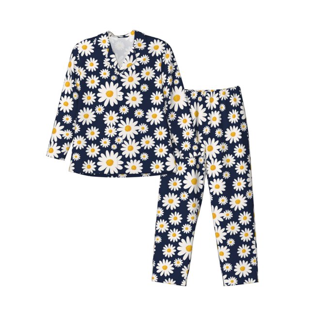 Balery Daisy Floral Pijama para Hombre de Dos Piezas con Manga Larga, Conjunto de Dormir y Descanso Suave con Bolsillos-Medium