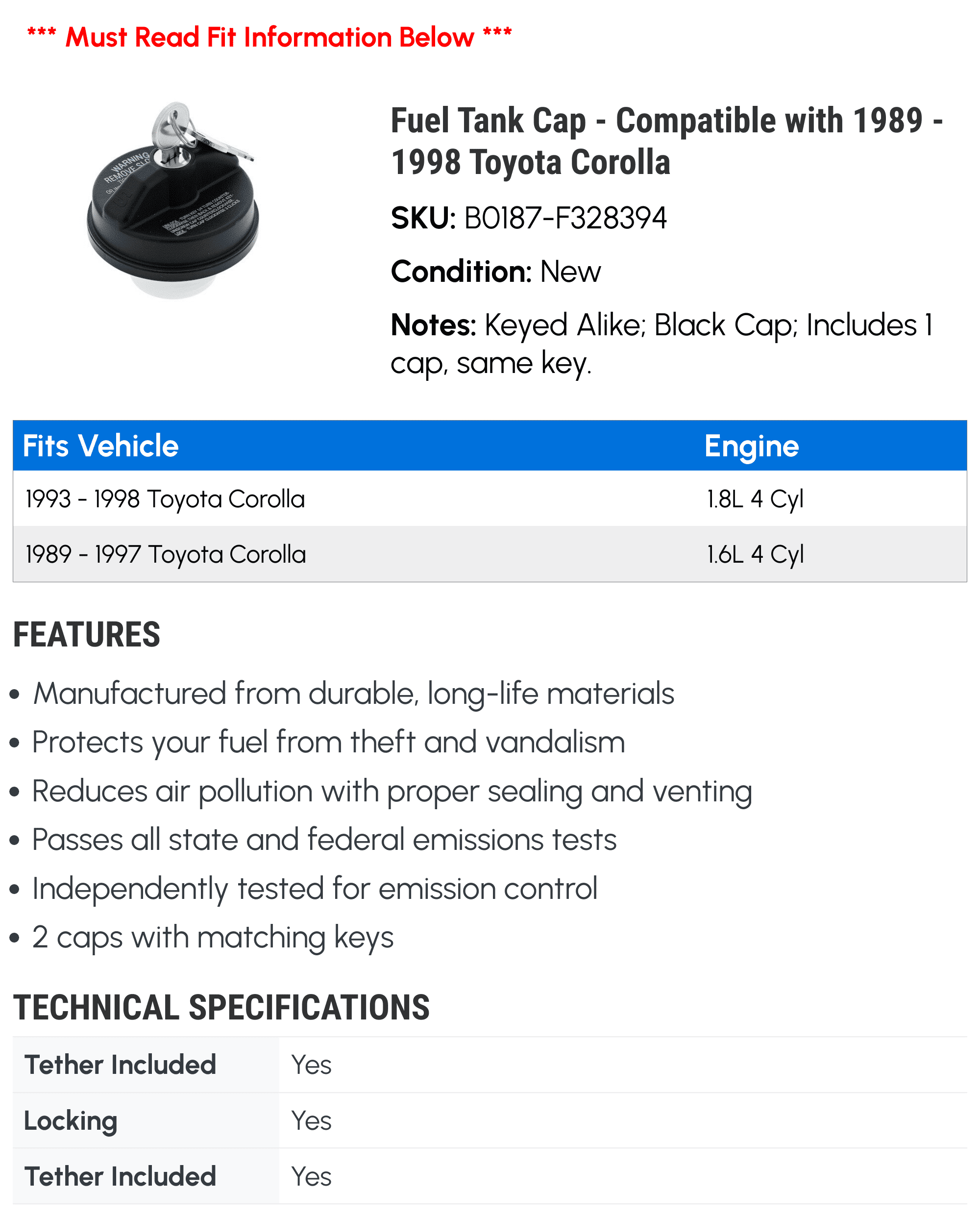 Fuel Tank Cap - Compatible with 1989 - 1998 Toyota Corolla - Motorad