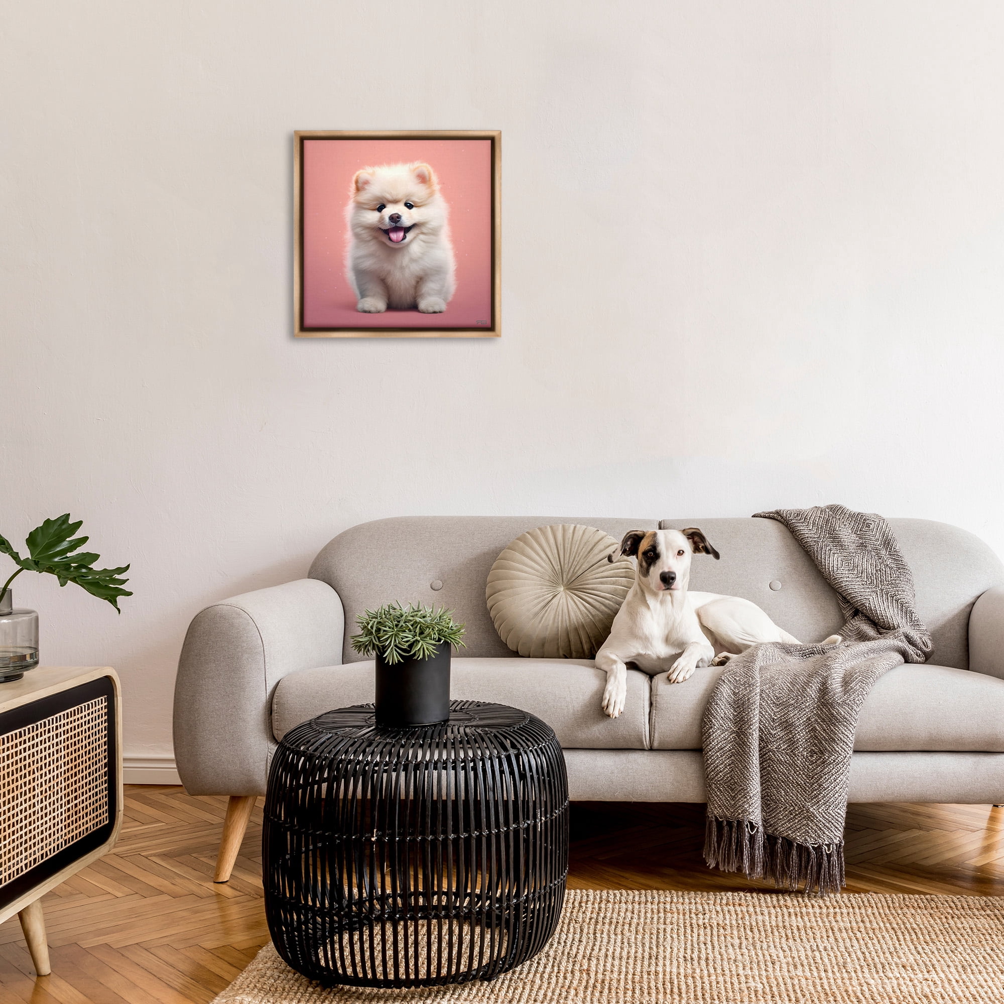 Stupell Industries Fluffy Puppy on Pink Animals & Insects Painting Brown Floater Framed Canvas Art Print Wall Art, 25 x 25