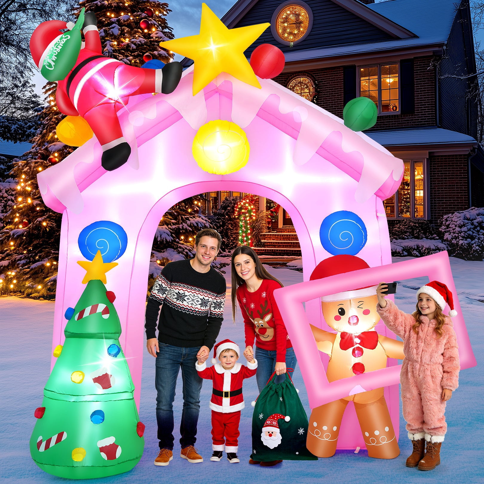 Funcid 10FT Pink Christmas Inflatable Archway with LED Lights - Candy House Holiday Yard Decoration with Santa & Gingerbread Man