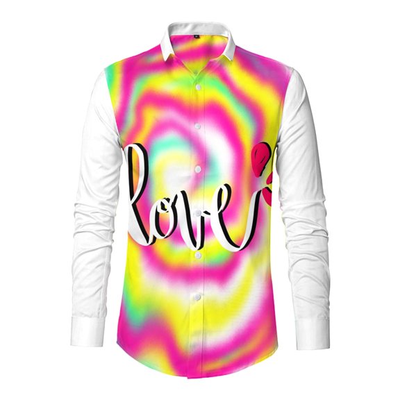 IWRICH Men's Valentine's Day Dress Shirt Vacation Stylish Casual Lapel Long Sleeve Heart Printed Button down Tops Yellow XL