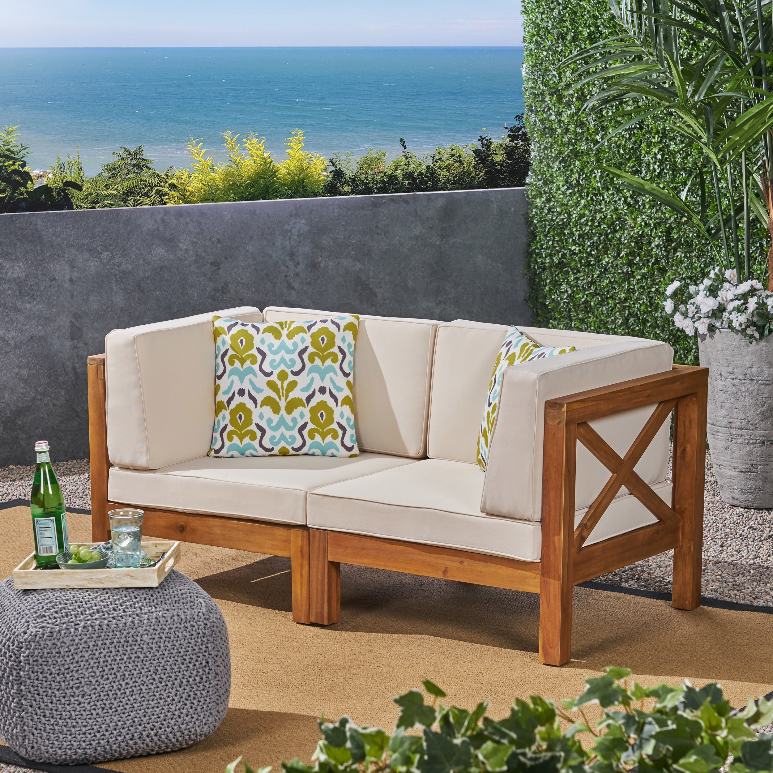 Luella Outdoor Modular Sectional Acacia Wood Loveseat with Cushions
