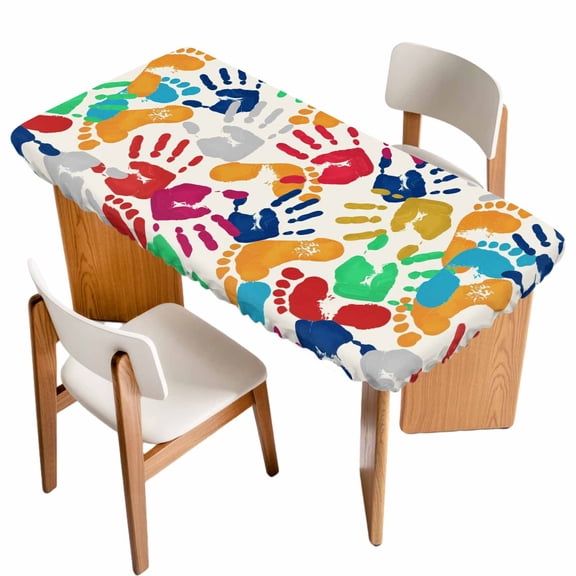 Colorful Handprints Table Cloths for 3 Foot Rectangle Tables, Rainbow Abstract Hand Foot Prints Patio Waterproof Elastic Fitted Tablecloths, Washable Rectangular Table Cover for Camping