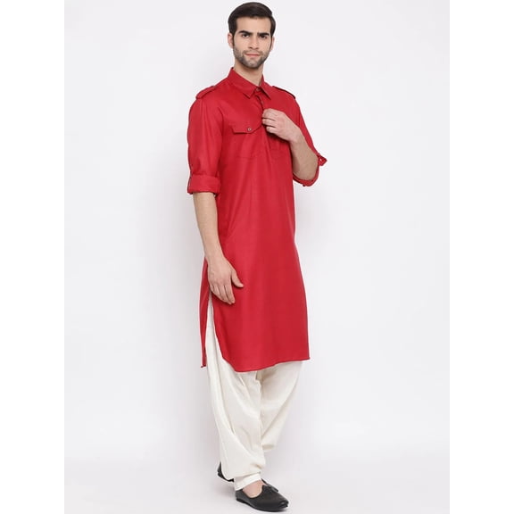 Men's Red Color Indian Traditional Wear Tunic Cotton Kurta Pajama Set