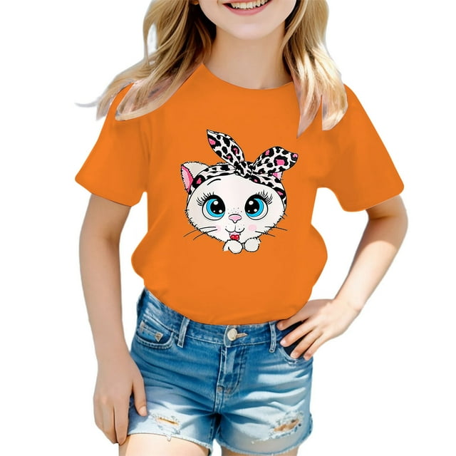 GDREDA Vêtements pour Filles, T-Shirt Graphique Mignon à Col Rond et Manches Courtes, Robe d'Été Décontractée, Orange, 7-8 Ans