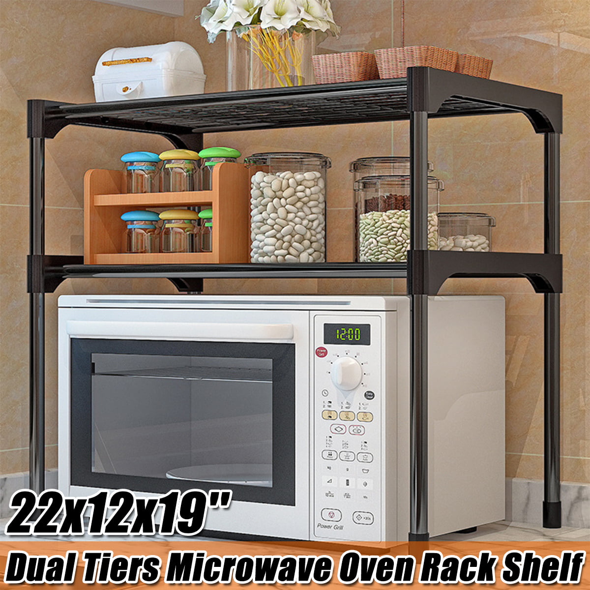 YORKING 2-layer Multi-function Microwave Oven Stainless Steel Shelf Adjustable Kitchen Storage Rack With Hook 