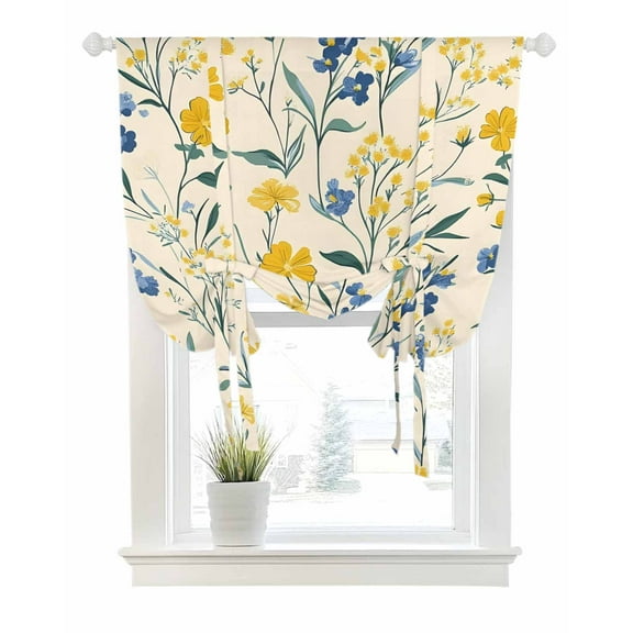 Seasonal Botanical Blooms Tie Up Curtains for Window, Thermal Insulated Balloon Shade Adjustable Rod Pocket Curtains Valance Panels for Kitchen Bathroom Cafe 46 x 63 Blue Yellow Flowers