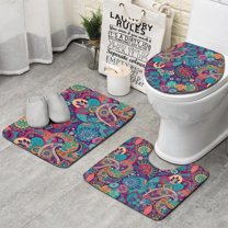 Purple Pioneer Flower and Paisley Pattern Bathroom Rugs Sets 3 Piece,Toilet Cover Set,Absorbent Non Slip Bathroom Mats Sets with U-Shaped Contour Rug Toilet Rug Set