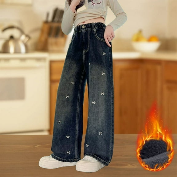 Girls Jeans Pants Winter Warm Camo Cargo Pants Youth Kids Elastic Waist Casual Jogging Trousers with Pockets Blue 9 Years