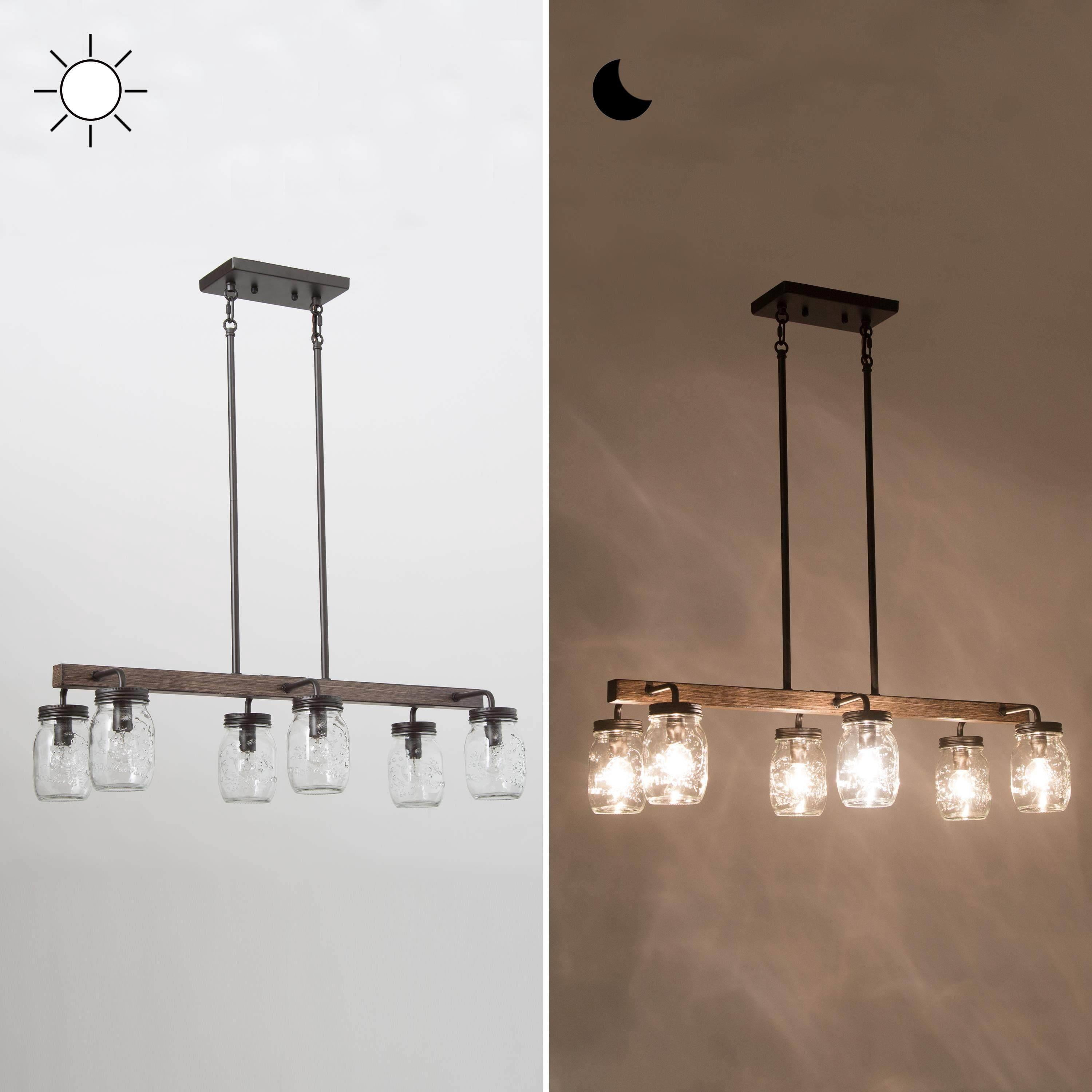 LNC 6-Light Farmhouse Matte Black and Bronze Wood Linear Maison Jar Glass Shape Chandelier for Dining Room