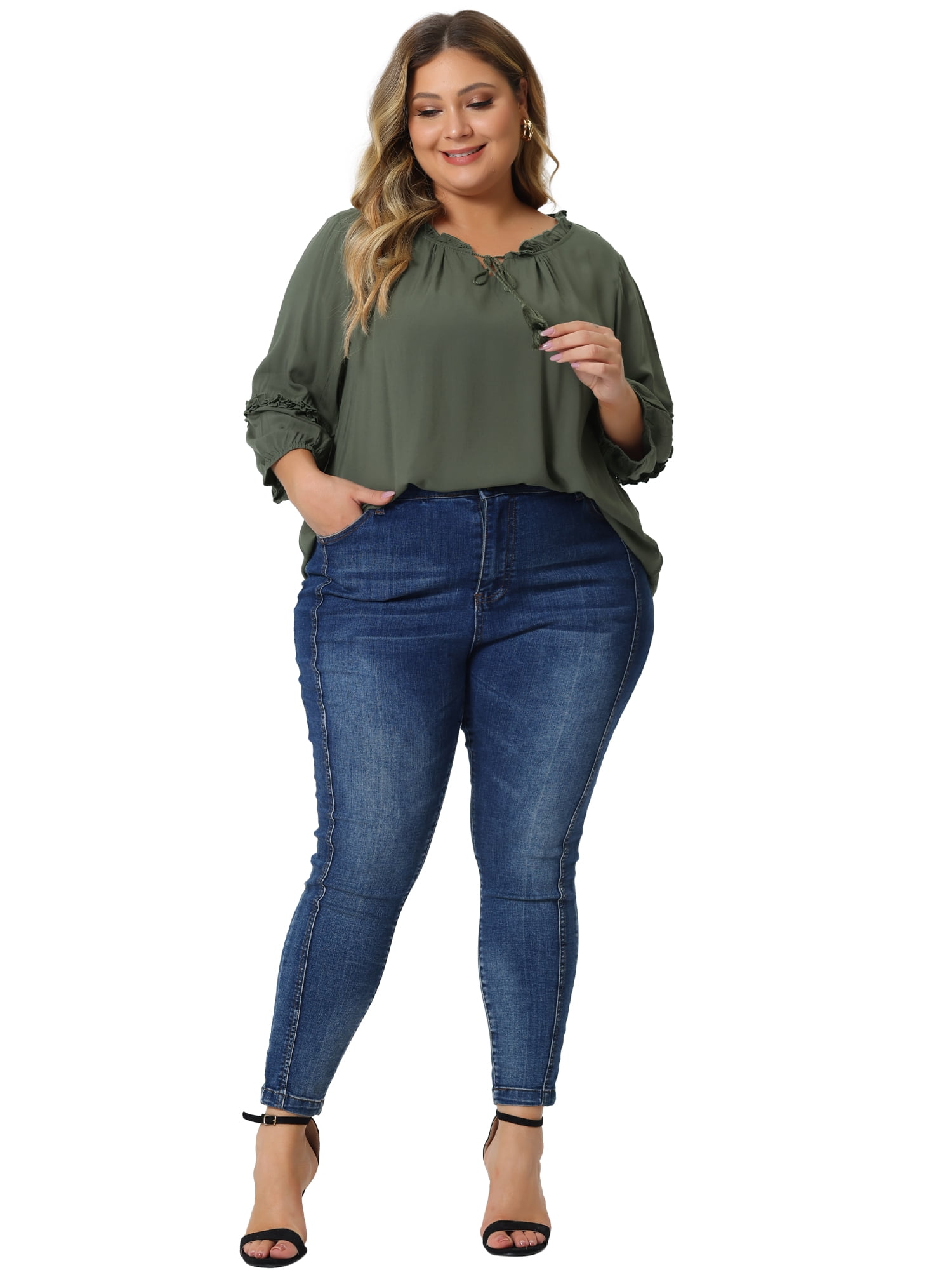 Women's Plus Tops Tie Neck Tassel Self Flutter 3/4 Sleeve Blouses Tops 3X Army Green