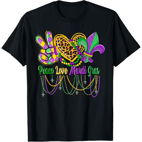 Peace Love Mardi Gras Beads Women Carnival Costume Parade T-ShirtMen's and women's gift, black and white T-shirt, size: Extra large S-4XL