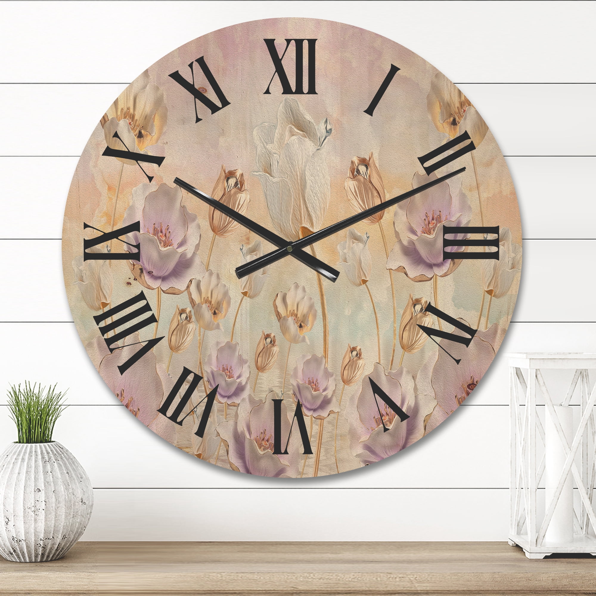 Designart 'Blossoming Pastel Tones Flowers' Traditional Wood Wall Clock