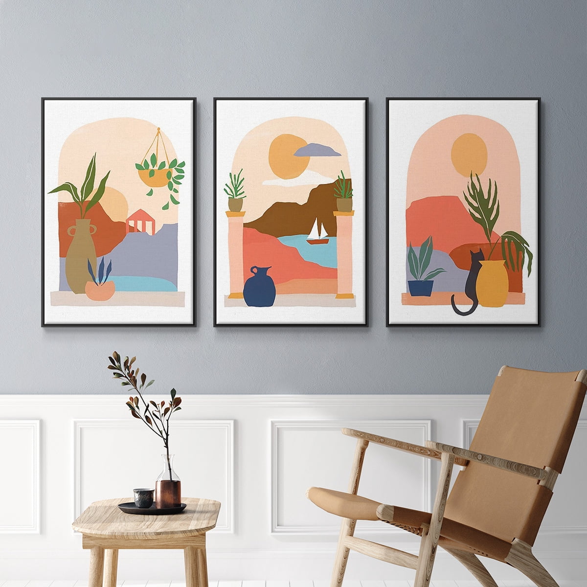 Paper Scene I - Framed Premium Gallery Wrapped Canvas L Frame 3 Piece Set - Ready to Hang