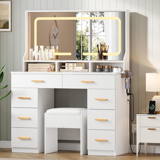 Vanity Desk with Mirror and Lights, Makeup Table with Glass Top & 8 Drawers, 3-Color LED Mirror, Power Outlets & USB, Hair Dryer Holder, Stool Included, Dressing Table Set for Bedroom