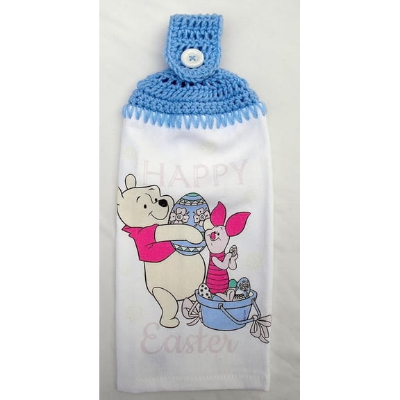HAPPY EASTER - POOH PIGLET AND EASTER EGGS - HANDMADE CROCHET TOP KITCHEN TOWEL