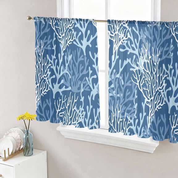 Navy Blue Coral Coastal Sheer Curtains 45 Inch Length 2 Panels Set, Ocean Nautical Seaside Beach Voile Window Treatment Rod Pocket Small Kitchen Curtains Drapes for Bedroom 52"x45"x2