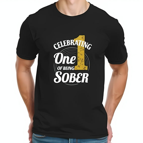 Celebrating One Year of Sobriety T-Shirt - Black Tee with Gold Number & Record Graphic