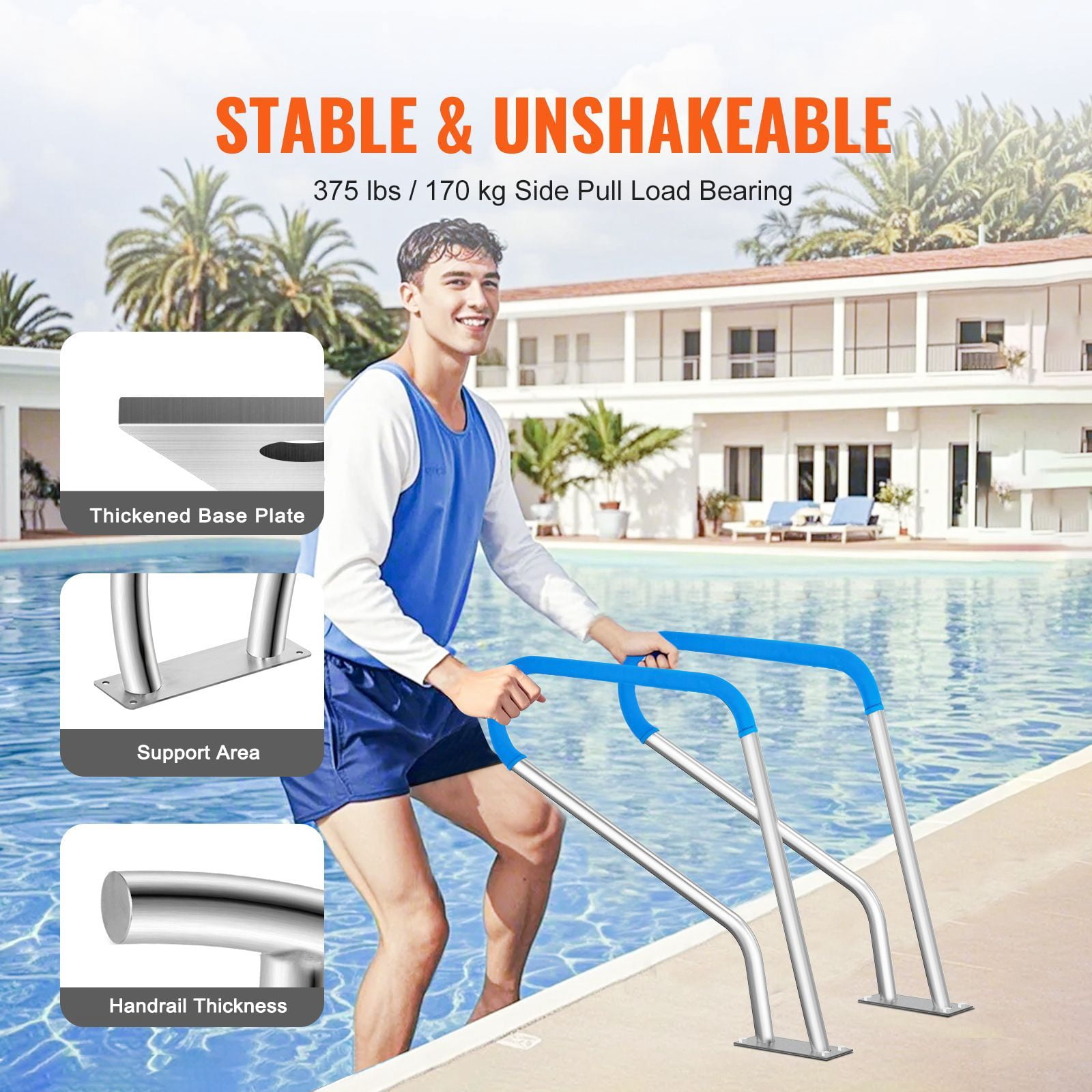 Pool Handrail, 39 x 32 inch Pool Railing, Stainless Steel with Base Plate for Indoor/Outdoor Pools,Swimming Pool Safety Railing for Decks,Rust-Proof Grab Bar w/ Grip Cover&Accessories for Spas