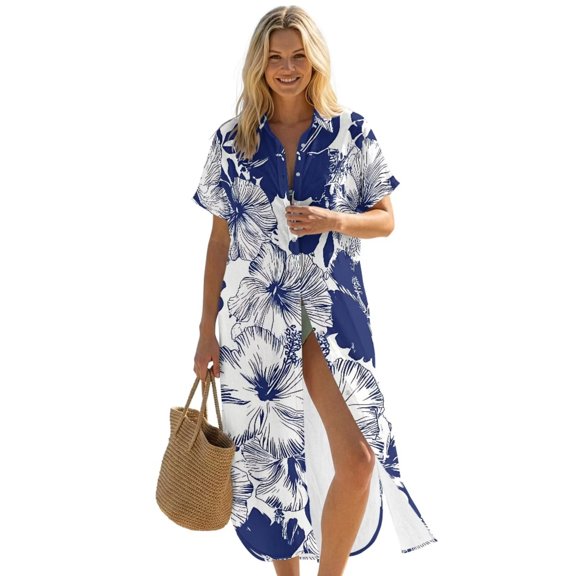 FUIALDOLG Blue Hibiscus Womens Swimsuit Coverup Shirt Dress Button Down Bathing Suit Cover Up Short Sleeve Beach Vacation Swimwear Cover Ups
