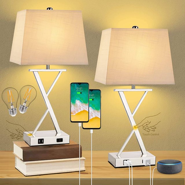 Set of 2 Bedside Touch Table Lamps with USB Ports and Outlet