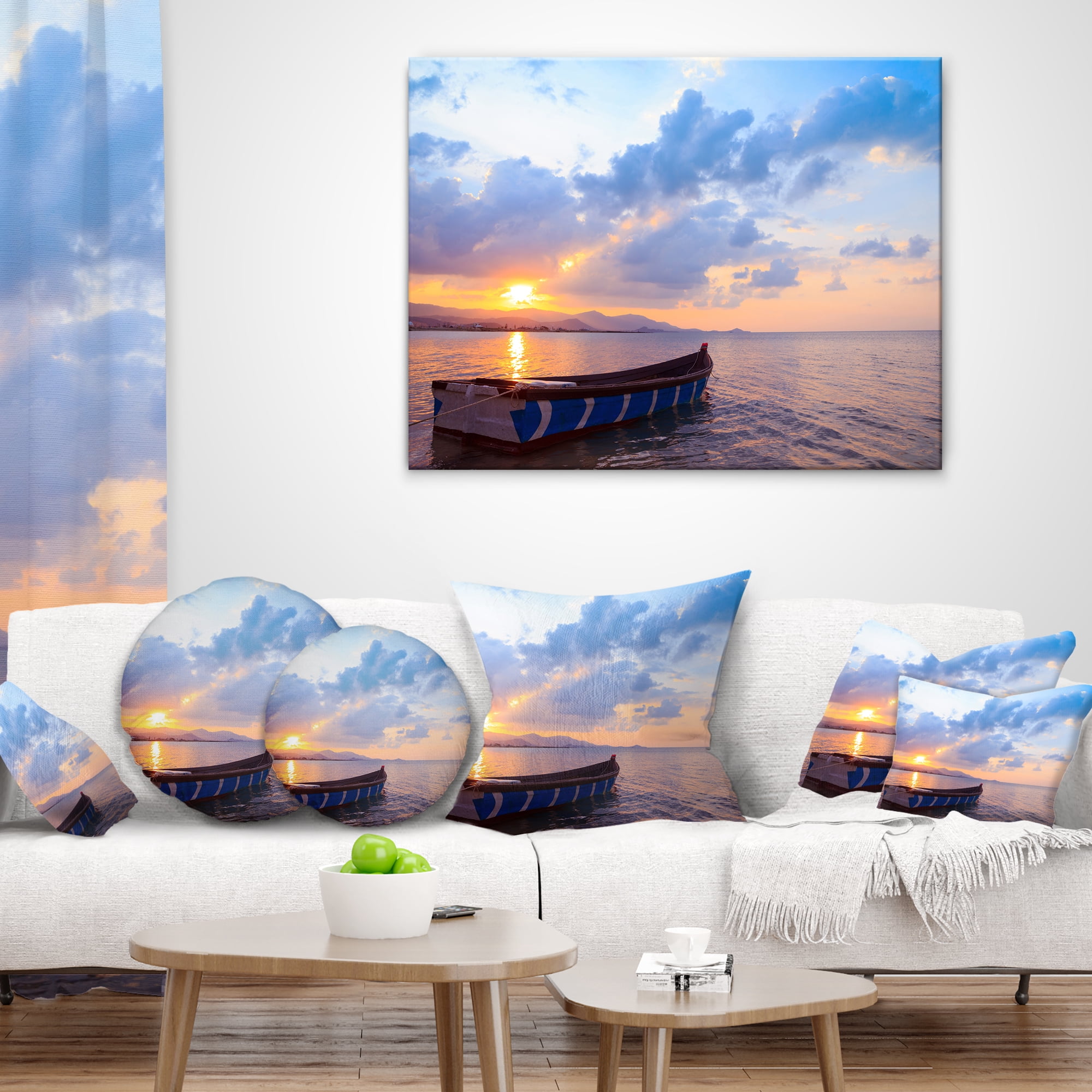 Designart Small Fishermen Boat at Sunset - Modern Seashore Throw Pillow - 16x16