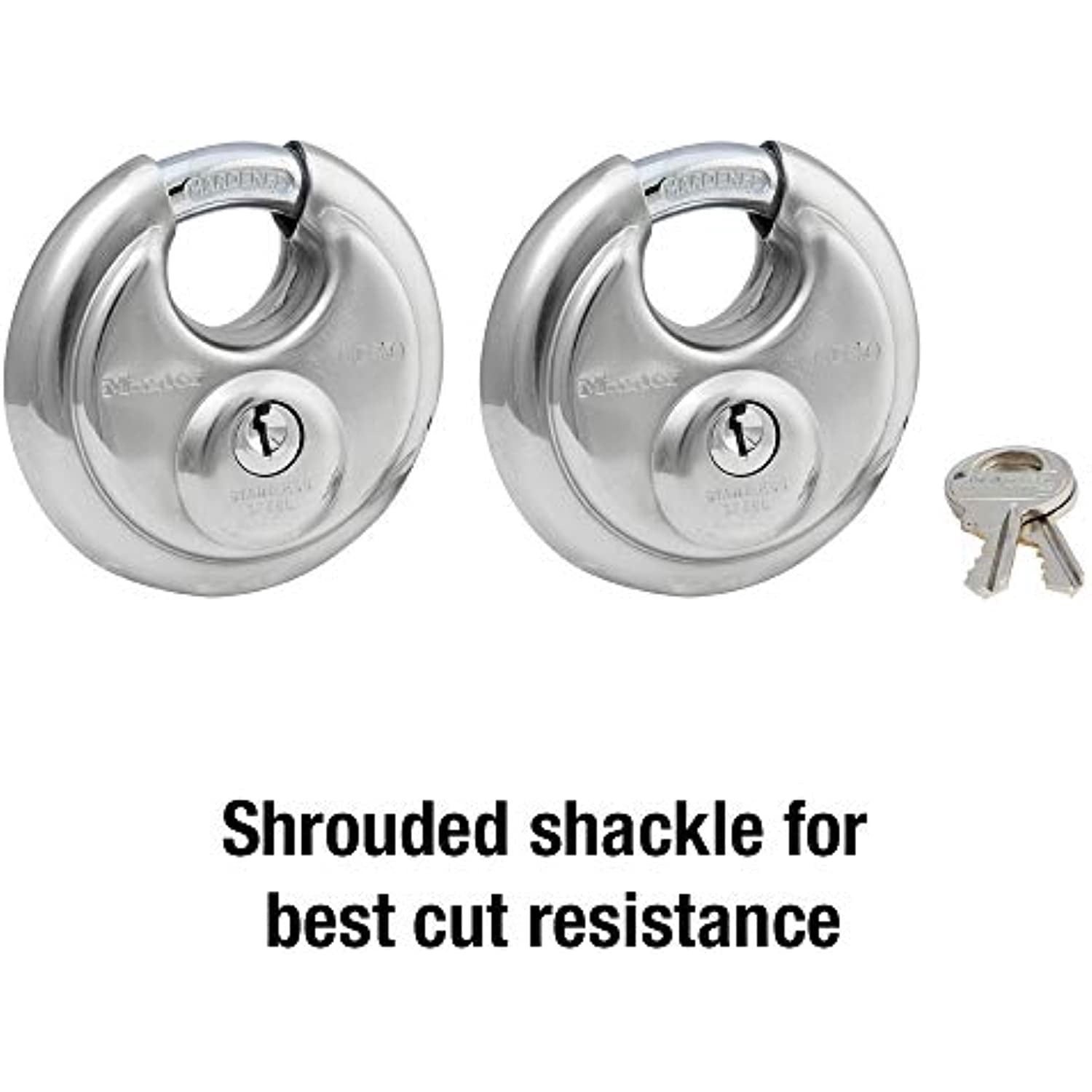 (2 pack) Master Lock 2-3/4in (70mm) Wide Stainless Steel Discus Padlock with Shrouded Shackle; 2-Pack